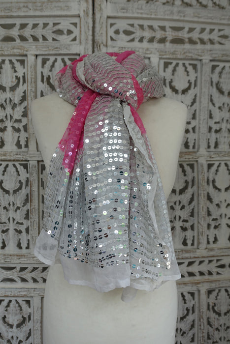 Pink And White Vintage Sequinned Dupatta - Preloved