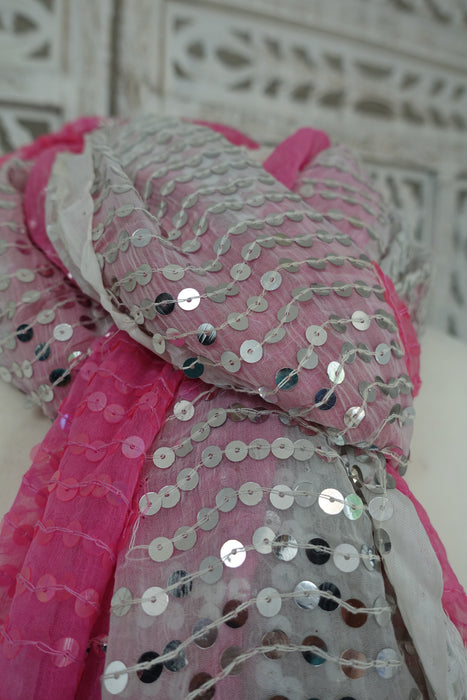 Pink And White Vintage Sequinned Dupatta - Preloved