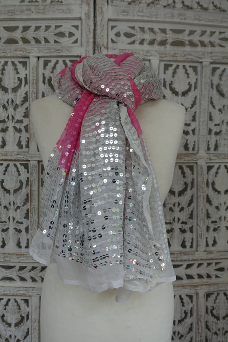 Pink And White Vintage Sequinned Dupatta - Preloved