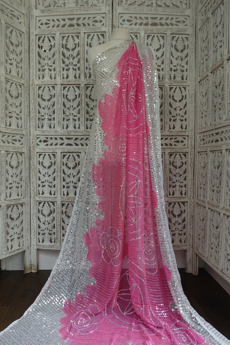 Pink And White Vintage Sequinned Dupatta - Preloved