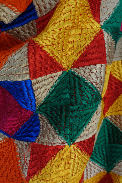 Colourful Phulkari Dupatta With Pom Pom - New