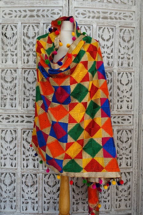 Colourful Phulkari Dupatta With Pom Pom - New