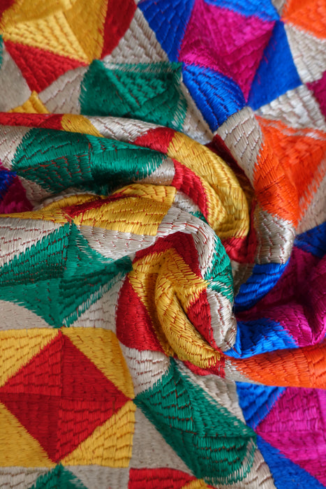 Colourful Phulkari Dupatta With Pom Pom - New