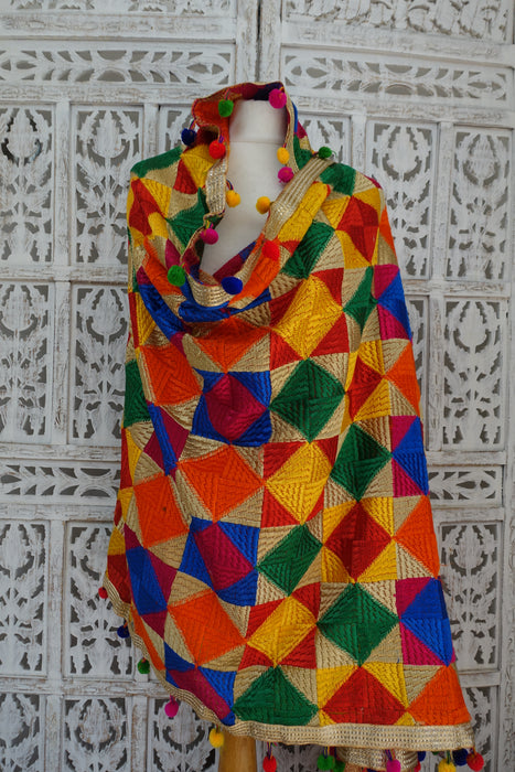 Colourful Phulkari Dupatta With Pom Pom - New