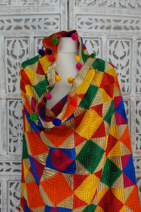 Colourful Phulkari Dupatta With Pom Pom - New