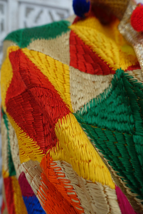 Colourful Phulkari Dupatta With Pom Pom - New