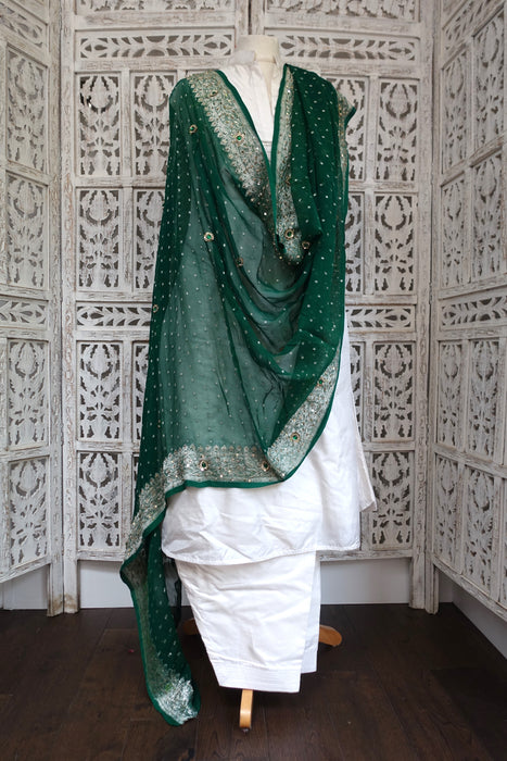 Green Vintage Silk Chiffon Banarsi Dupatta - New