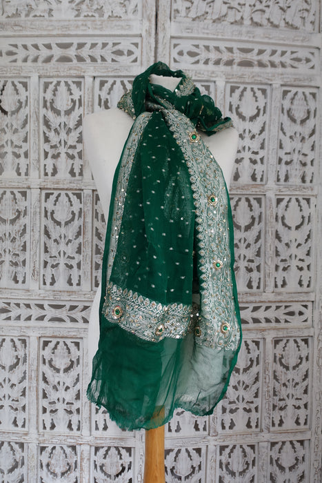 Green Vintage Silk Chiffon Banarsi Dupatta - New