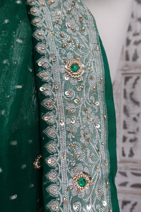 Green Vintage Silk Chiffon Banarsi Dupatta - New