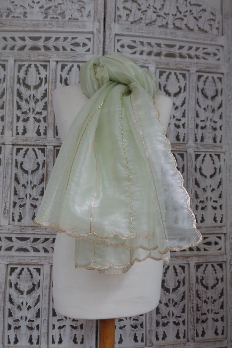 Pale Green Voile Beaded Zig Zag Dupatta - New