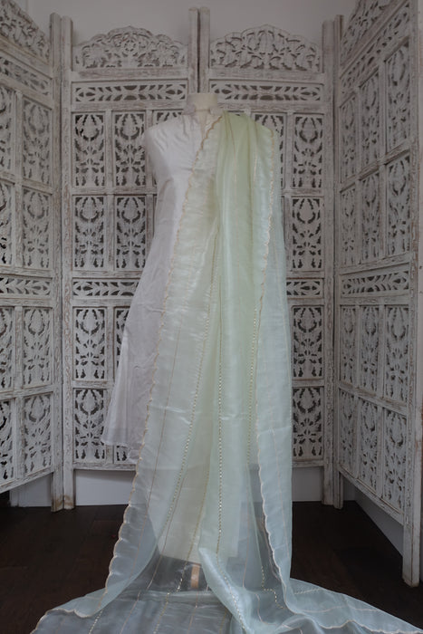 Pale Green Voile Beaded Zig Zag Dupatta - New