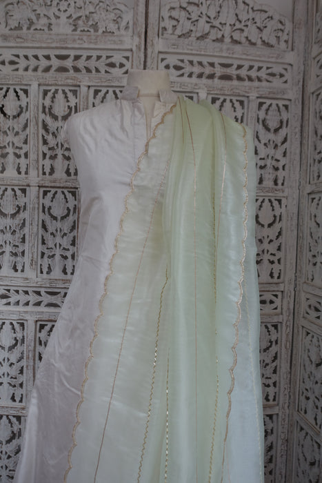 Pale Green Voile Beaded Zig Zag Dupatta - New