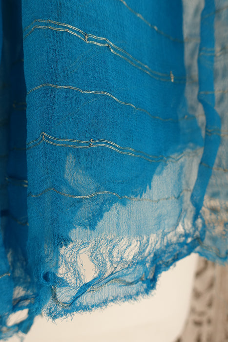 Blue Silk Chiffon Vintage Silver Banarsi Dupatta - New