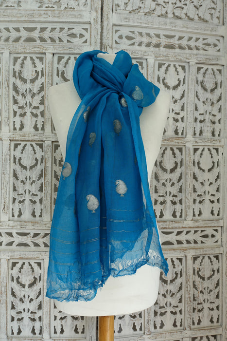 Blue Silk Chiffon Vintage Silver Banarsi Dupatta - New