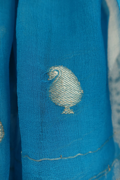 Blue Silk Chiffon Vintage Silver Banarsi Dupatta - New