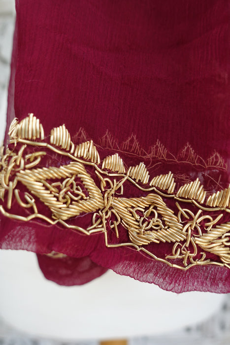 Plum Silk Chiffon Zardosi Embellished Dupatta - New