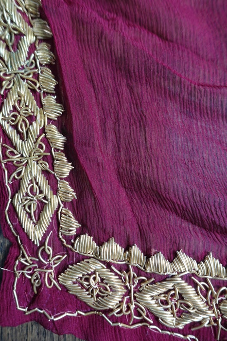 Plum Silk Chiffon Zardosi Embellished Dupatta - New