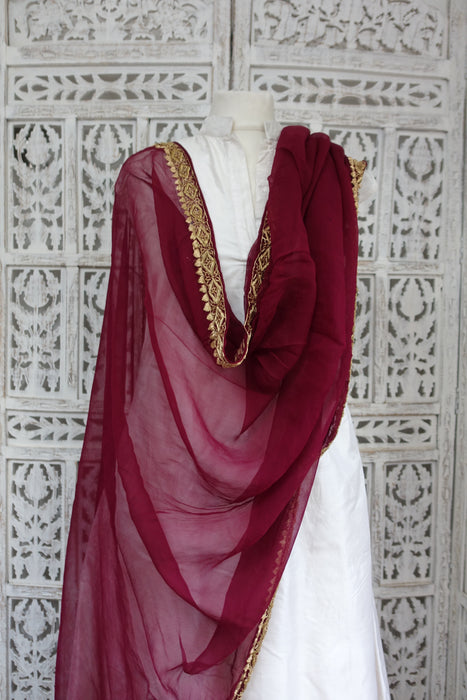 Plum Silk Chiffon Zardosi Embellished Dupatta - New