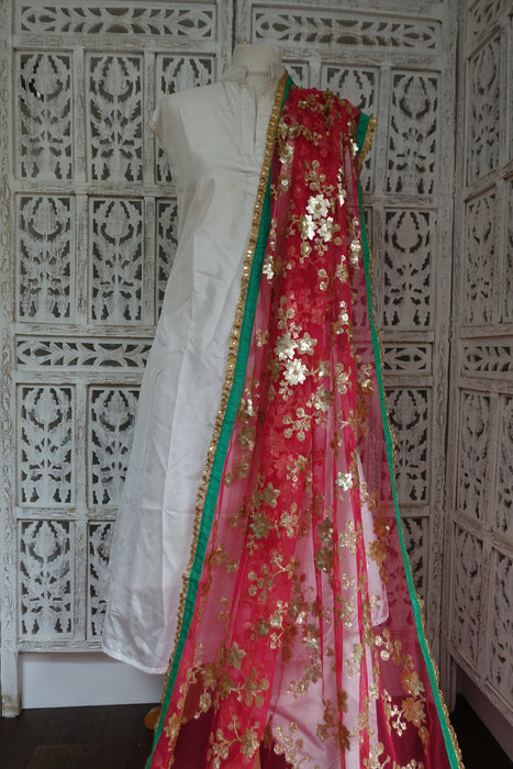 Raspberry Red Net And Sequinned Dupatta - Preloved