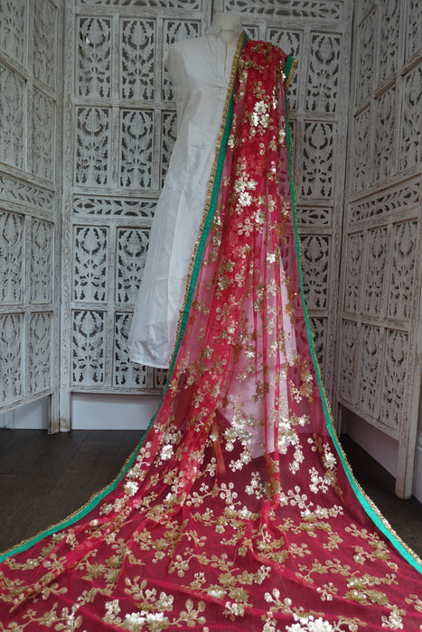 Raspberry Red Net And Sequinned Dupatta - Preloved