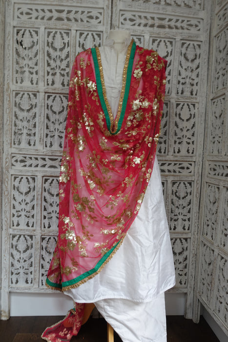 Raspberry Red Net And Sequinned Dupatta - Preloved
