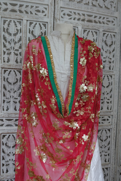 Raspberry Red Net And Sequinned Dupatta - Preloved