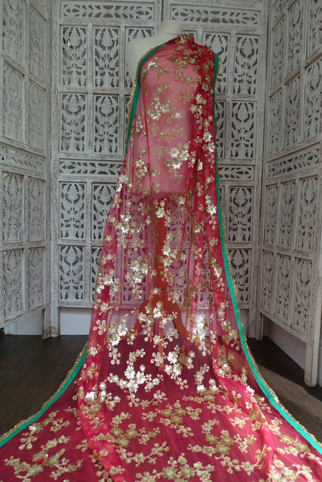 Raspberry Red Net And Sequinned Dupatta - Preloved