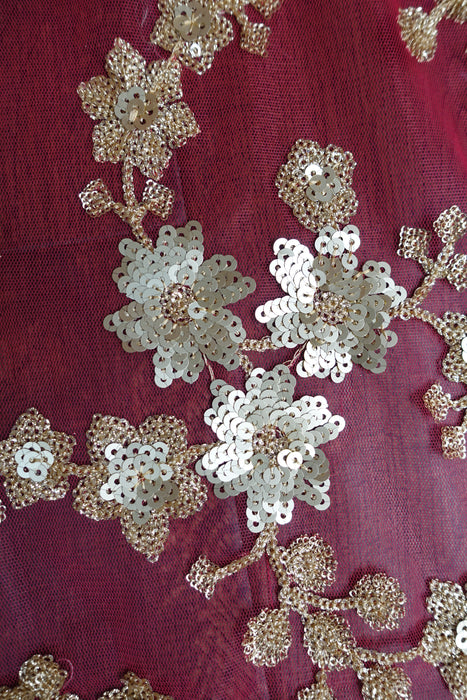 Raspberry Red Net And Sequinned Dupatta - Preloved