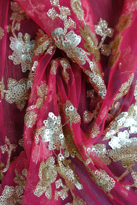 Raspberry Red Net And Sequinned Dupatta - Preloved