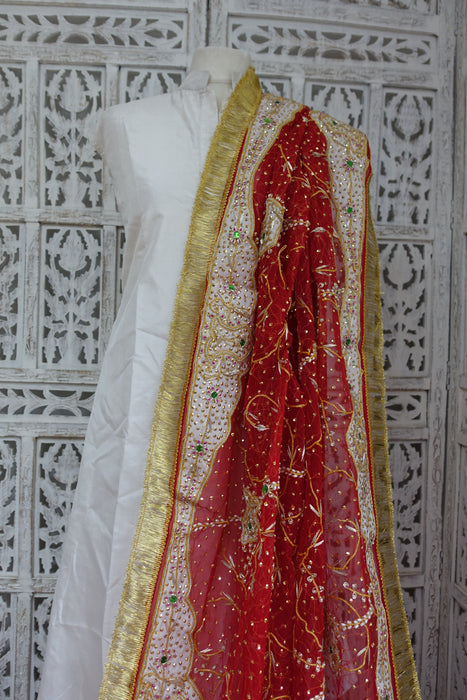 Red Vintage Wedding Dupatta With Kiran Gota - New