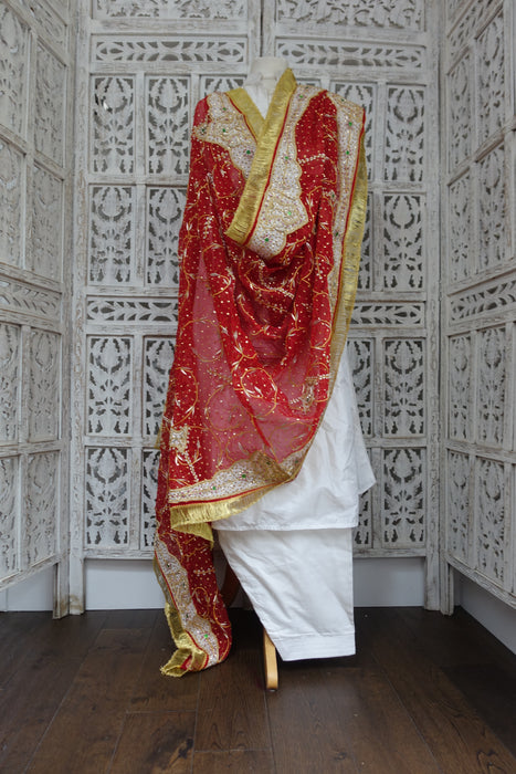 Red Vintage Wedding Dupatta With Kiran Gota - New