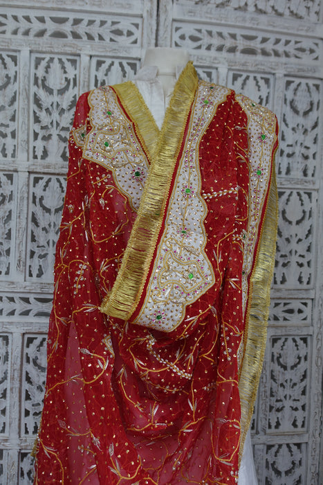 Red Vintage Wedding Dupatta With Kiran Gota - New