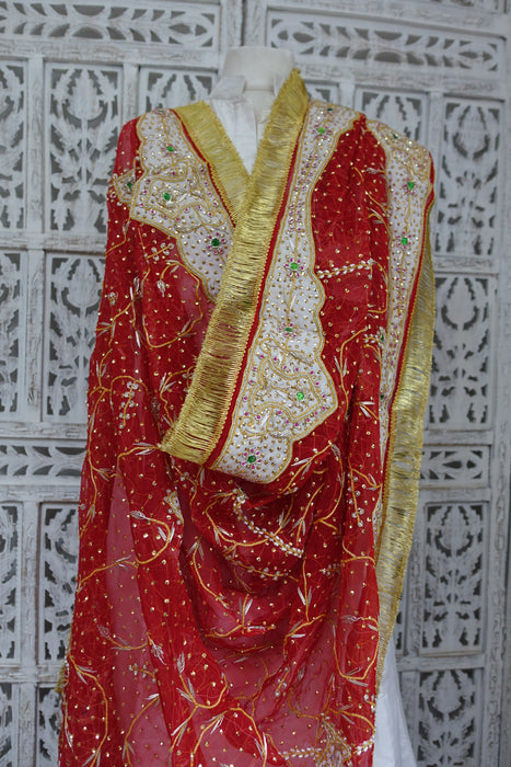 Red Vintage Wedding Dupatta With Kiran Gota - New