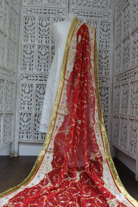 Red Vintage Wedding Dupatta With Kiran Gota - New
