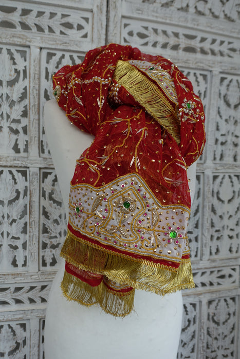 Red Vintage Wedding Dupatta With Kiran Gota - New
