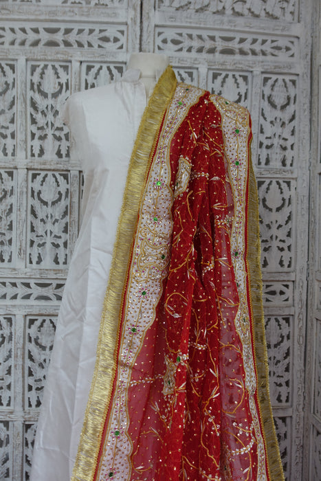 Red Vintage Wedding Dupatta With Kiran Gota - New