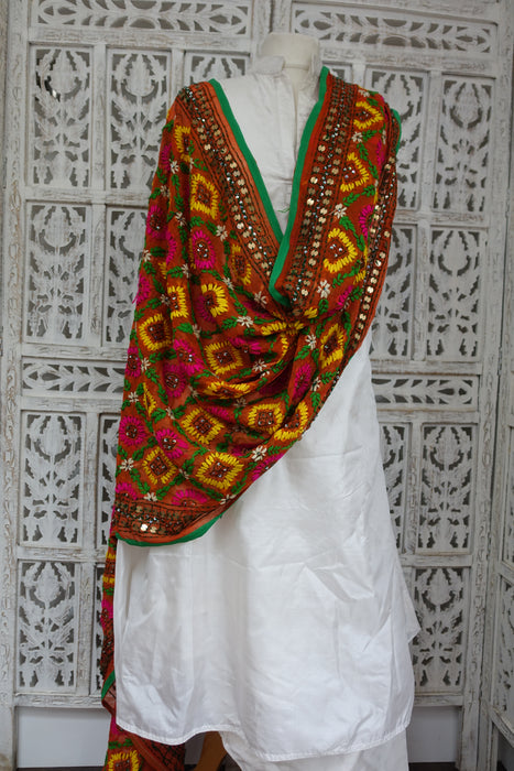 Tan Phulkari Style Sequinned Embroidered Dupatta - New