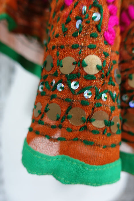 Tan Phulkari Style Sequinned Embroidered Dupatta - New