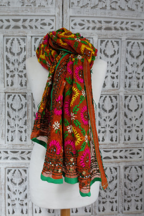 Tan Phulkari Style Sequinned Embroidered Dupatta - New