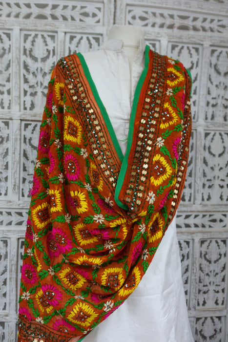 Tan Phulkari Style Sequinned Embroidered Dupatta - New