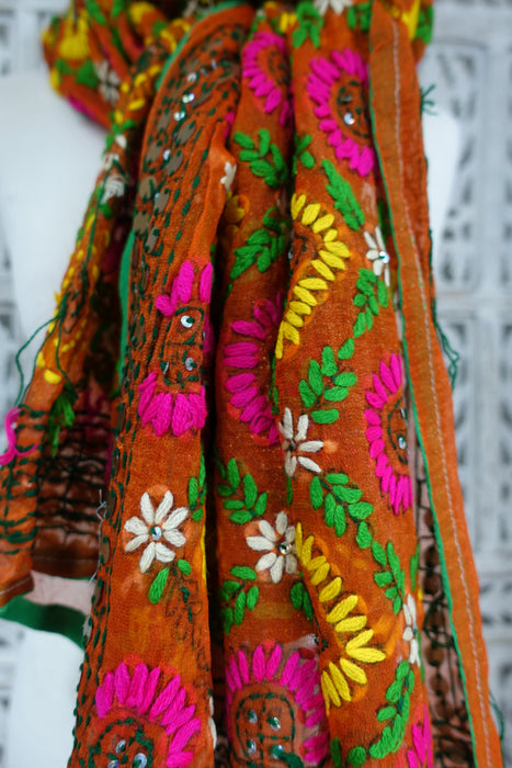 Tan Phulkari Style Sequinned Embroidered Dupatta - New