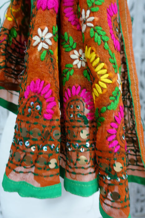 Tan Phulkari Style Sequinned Embroidered Dupatta - New
