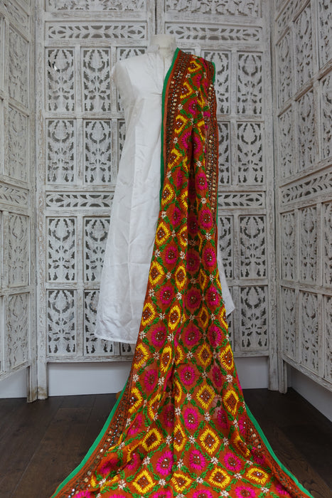 Tan Phulkari Style Sequinned Embroidered Dupatta - New