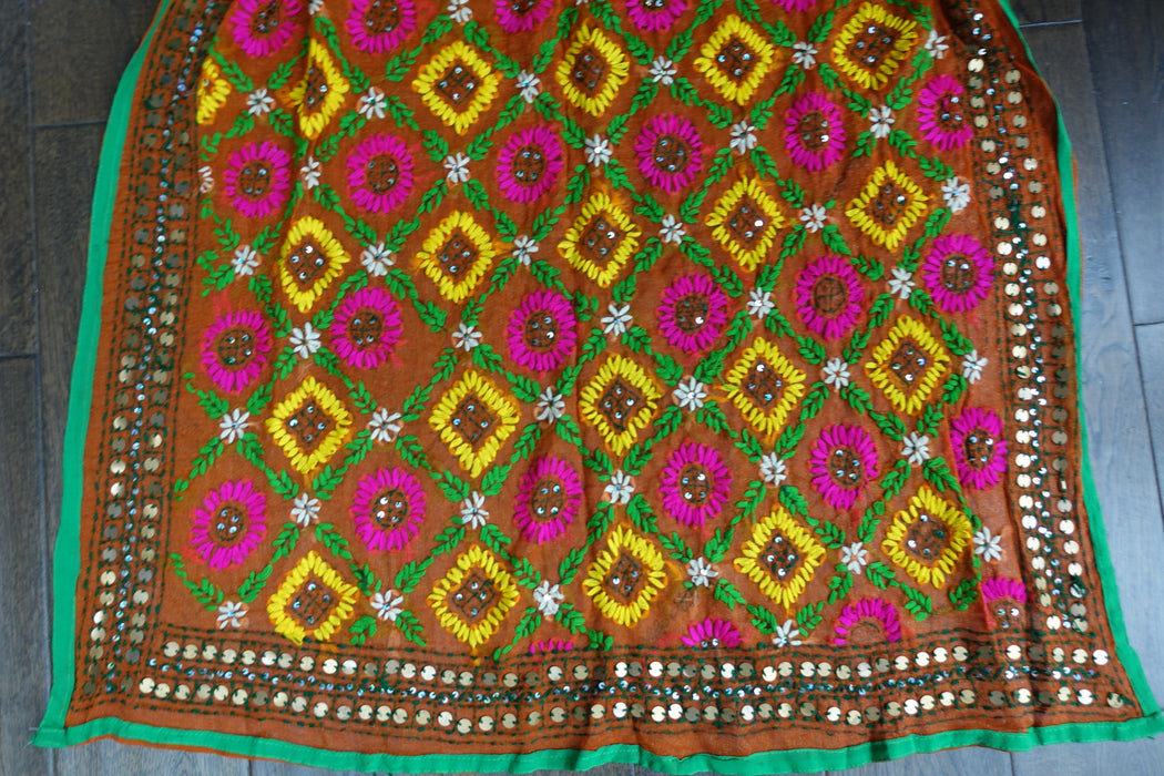 Tan Phulkari Style Sequinned Embroidered Dupatta - New