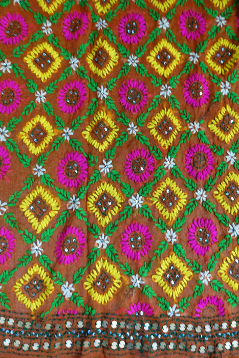 Tan Phulkari Style Sequinned Embroidered Dupatta - New