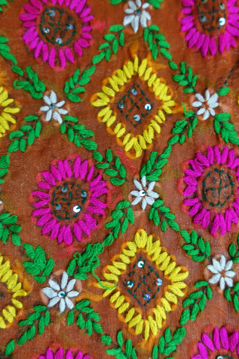 Tan Phulkari Style Sequinned Embroidered Dupatta - New