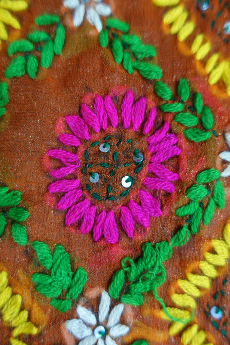 Tan Phulkari Style Sequinned Embroidered Dupatta - New