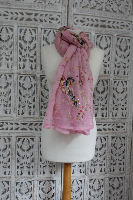 Baby Pink Vintage Peacock Embellished Dupatta - Preloved