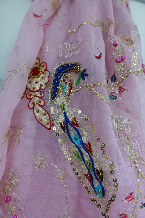 Baby Pink Vintage Peacock Embellished Dupatta - Preloved