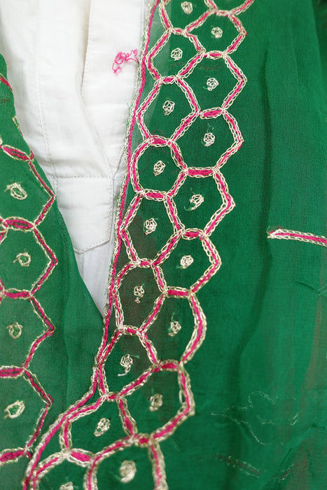 Pink And Emerald Green Vintage Chiffon Embroidered Dupatta - New